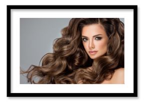 Beautiful model girl with long wavy and shiny hair . Brunette woman with curly hairstyle