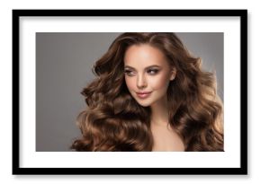 Beautiful model girl with long wavy and shiny hair . Brunette woman with curly hairstyle