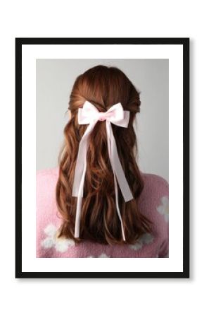 Woman with beautiful hair bow on light grey background, back view