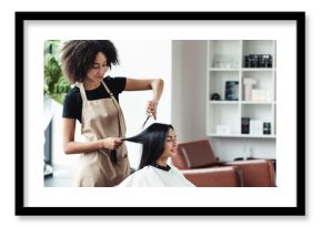 Beauty procedures for hair. Young black hairdresser cutting hair of female customer at salon, free space