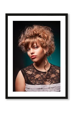 One Winsome Caucasian Blond Woman with Curly Stylish Hair As Hairdresser Makeup Concepts Against Colorful Background