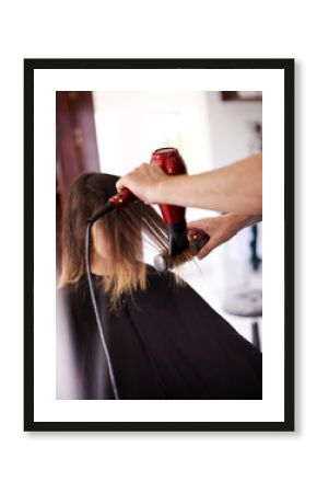 Woman, hands and blow dry at hairdresser, cosmetic service and electric tool for heat treatment. Female person, client and appointment for hairstyle beauty, hair care and grooming for transformation