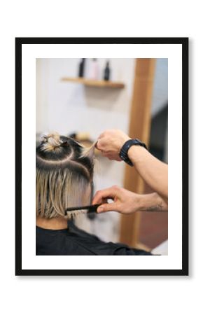 Hairdresser combing wet hair of young woman in salon