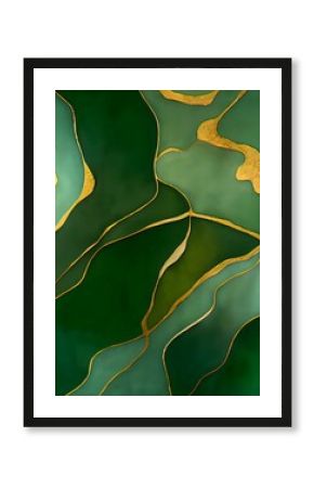 Abstract green fluid art with golden lines