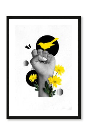 Vertical collage portrait illustration of person fist show intention save species environment nature fauna flora protection might activist
