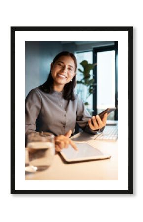 Tablet, screen and technology of business woman in office with multimedia marketing, ux design and advertising success portrait. Happy corporate manager with digital innovation at her desk with light
