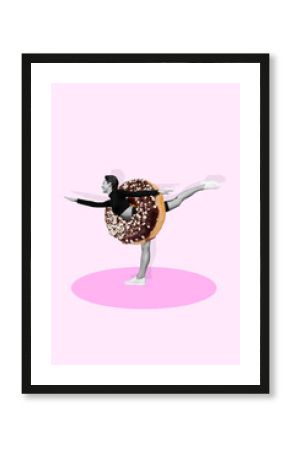 Creative photo 3d collage artwork postcard poster of young sporty girl practicing healthy life refuse sweets isolated on painting background