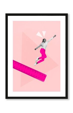 Collage photo of young jumping trampoline excited girl jumping trampoline rejoice centimeters length ruler isolated on pink color background