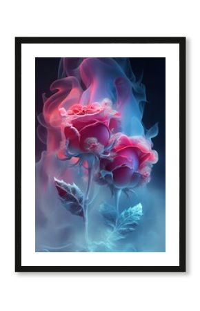Digital art of Red roses made of colorful fog ice, Valentines day. Ai generative