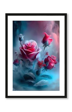 Digital art of Red roses made of colorful fog ice, Valentines day. Ai generative