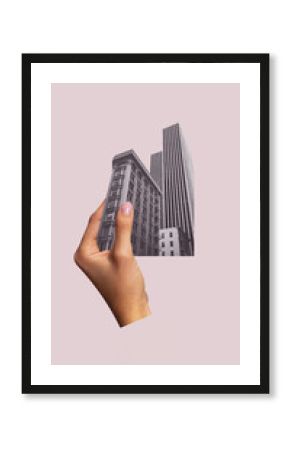 Contemporary art collage. Creative design. Female hand holding black and white photo of beautiful building. Travel