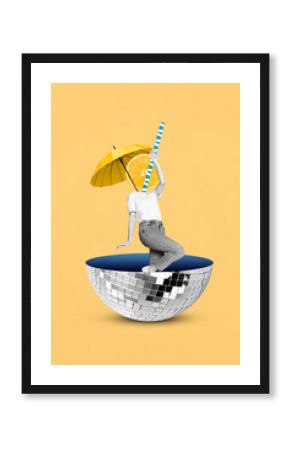 Creative photo 3d collage artwork poster postcard of funny person parasol instead head have fun summer vibe isolated on painting background