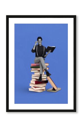 Creative photo 3d collage artwork poster of smart clever person sitting stack books read fiction genre isolated on painting background