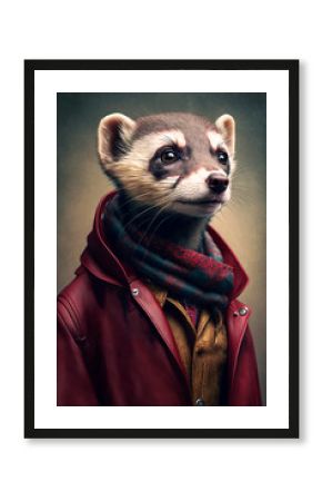 Abstract painting concept. Colorful art of a fashionable ferret with coat. Animals. Generative AI.