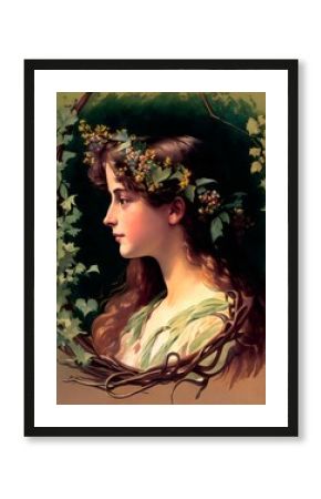 Beautiful illustration of a lady with a flowal garland in the nature