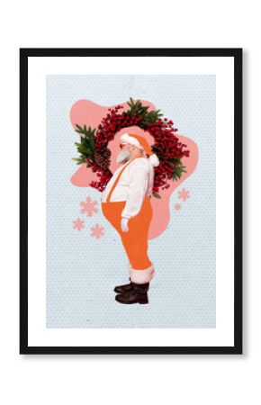Collage side profile photo of old age retired saint nicholas wear red costume near christmas wreath decorations isolated on painted background