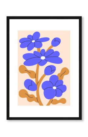Floral poster, wall art, abstract blossomed flowers. Blooming spring plant, vertical botanical background, delicate field buds, petals, leaves. Colored modern trendy flat vector illustration