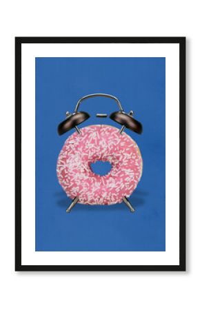 Vertical artwork collage picture of big glazed donut bell ring clock isolated on creative blue background