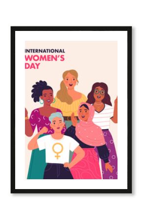 International women's Day greeting card concept. Vector cartoon illustration in trendy flat style with five diverse multiracial women standing together and smiling. Isolated on light background