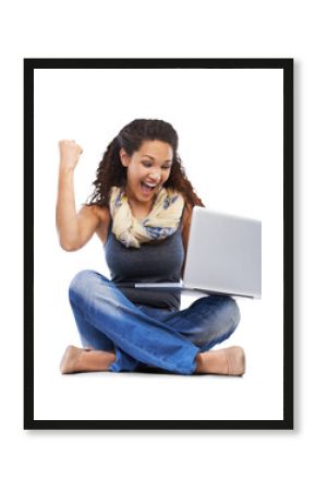 An excited and surprised millennial girl or scholarship winner girl student excited with good news and reading online update of getting admission in college on her laptop isolated on a PNG background.