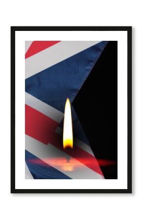 Mourning UK.Death of Queen Elizabeth.Sorrow.Symbol of UK flag,crown and burning candle.Mourning and mourning banner