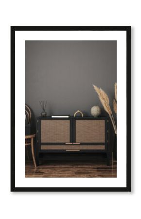 Blank wall in dark farmhouse living room interior, 3d render