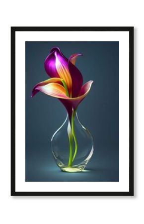 AI generated flower with lush purple and orange petals in a crystal vase on a gray background