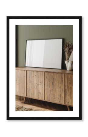 Frame mockup on commode with decor in living room interior, 3D render
