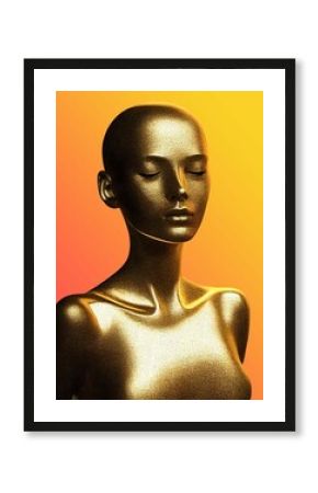 Vertical shot of an AI generated image of a golden plated girl statue on an orange background