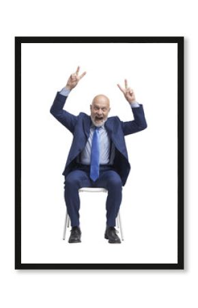 PNG file no background Successful businessman making V signs