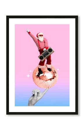 Collage 3d image of pinup pop retro sketch of snata claus listening xmas carols dancing isolated painting background