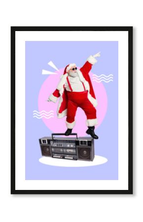 Vertical creative collage of excited funky mini santa stand huge boombox dancing point fingers newyear event fun