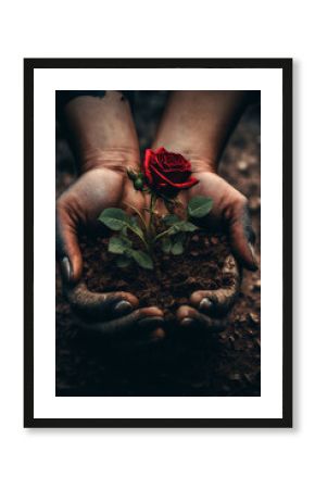 The dirty hands of a gardener holding a single beautiful red rose flower growing in soil, symbolizing love, nurture and rebirth
