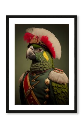 An exotic parrot wearing a traditional military uniform. Pet portrait in clothing. Generative ai