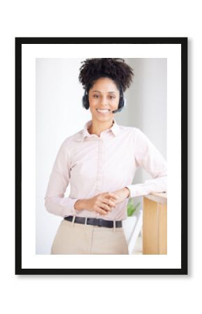 Call center, smile and portrait of black woman in customer service, telecom consultant and technical support. Happy female sales agent, advisory and telemarketing help for customer support questions