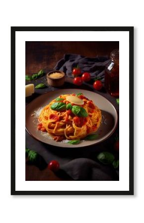 food photography, italian tasty spaghetti with tomato sauce. Ai Generative