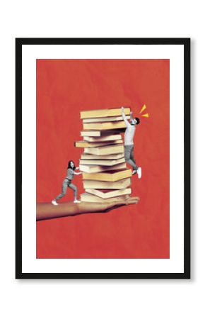 Creative photo 3d collage artwork poster postcard of young happy people buy many books preparing exam test isolated on painting background