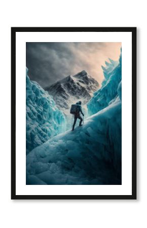 Hiker on the top of mountain. Man climbing on ice, iceberg landscape. AI generative