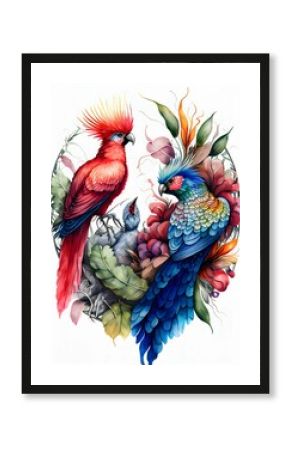 beautiful exotic birds in watercolor painting