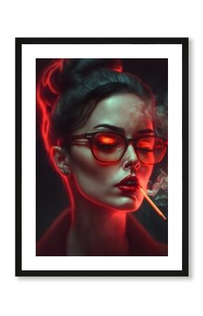 Vertical illustration of a beautiful woman wearing glasses smoking a cigerette