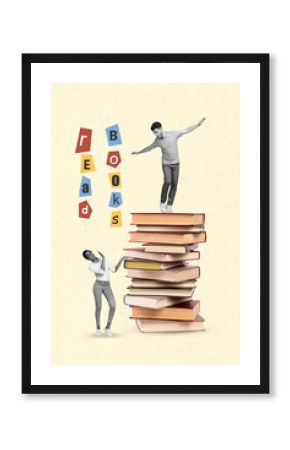 3d retro abstract creative collage artwork template of friends standing huge book stack isolated painting background