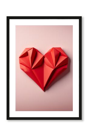 Heart. Love background. Red paper origami heart on pink background. Valentine card