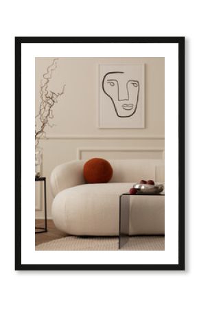 Minimalist composition of living room interior with mock up poster frame, white sofa, round pillow, glass coffee table, beige wall with stucco, chrom bowl and personal accessories. Home decor Template