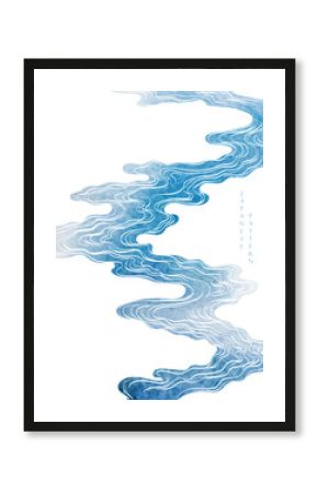 Japanese background with blue watercolor texture painting element vector. Oriental natural wave pattern with ocean sea decoration banner design in vintage style. Marine template.