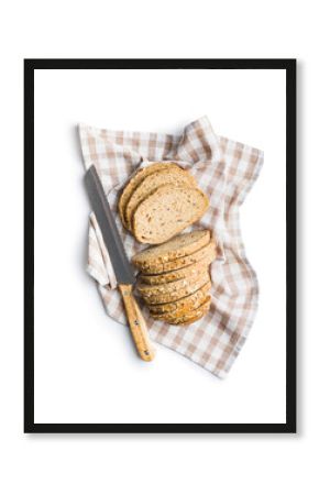 Sliced whole grain bread. Tasty wholegrain pastry with seeds isolated on white background.