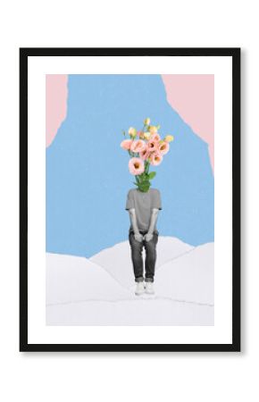 Young stranger guy roses bush grow instead head put inside white paper colorful conceptual collage composition poster card banner