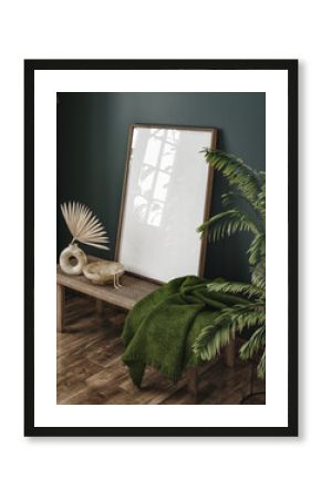 Frame mockup in dark green home interior, 3d render 