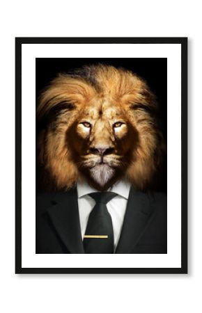 Man in the form of a Lion with Suit and tie , The lion person , animal face isolated black
