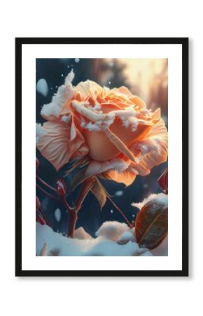 Snow covering a beautiful rose delicate lighting, generative ai