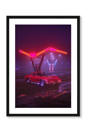 Neon gas station and retro car. Vintage cyberpunk auto. Fog rain and night. Color vibrant reflections on asphalt. Chevrolet Corvette Sting Ray. 3D illustration.